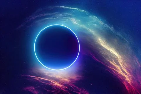 Neon ring in nebula, Outer space anomaly abstract background, 3d render. イラスト素材