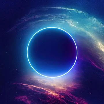 Neon ring in nebula, Outer space anomaly abstract background, 3d render. イラスト素材