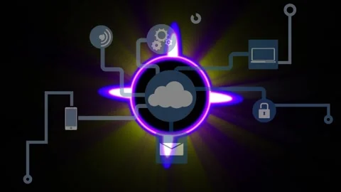 Neon ring pulsing, central cloud node revealing network branches, connecting Stock-Footage 328584575