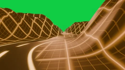 Neon road moving as camera push revealing retro grid hills, guiding to horizon 库存影片 337506326