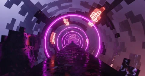 Neon Roadway Through Rotating Structures - Futuristic Sci-Fi 3D Animation Video stock 282545283
