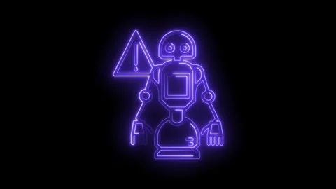 Neon robot alert symbol glowing on black background conceptual ai danger wa.. Stock Footage 316672931