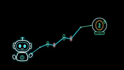 Neon Robot Analyzing Rising Candlestick Stock Chart With Dollar Profit Badge Video stock 348208653