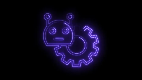 Neon robot and gear icon animation representing automation technology and Stock Footage 322960365