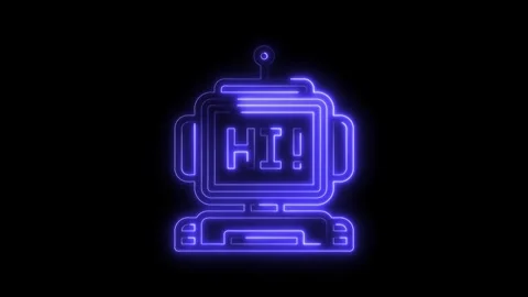 Neon robot animation with the word hi glowing in blue on black background Stock Footage 322973557