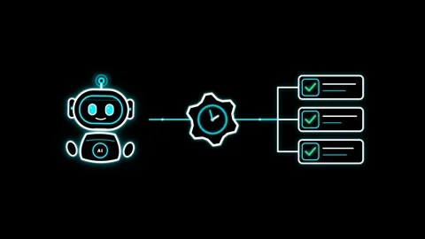 Neon Robot Automating Workflow Tasks and Project Checklist on Black Screen Video stock 348218500