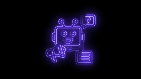 Neon robot chatbot with megaphone and question mark speech bubble glowing purple 動画素材 333952613