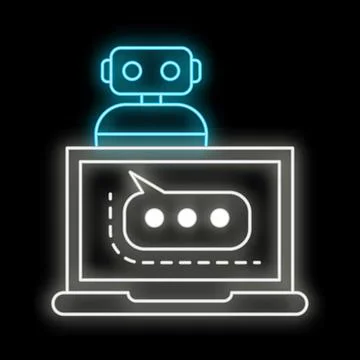 Neon robot chatting on laptop computer icon illustration Stock Illustration