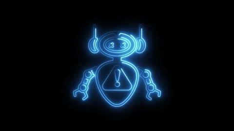 Neon robot error warning animation glowing on black background Stock Footage 308191090