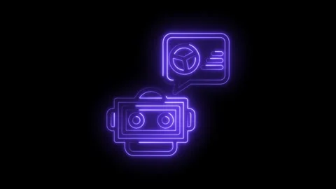Neon robot head with speech bubble icon glowing purple on black background A I Stock Footage 333960206