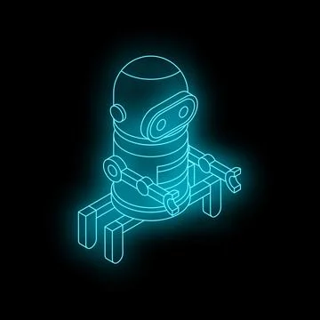 Neon robot with open arms standing on a black background Stock Illustration