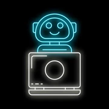 Neon robot sitting at laptop computer icon on black background Stock Illustration