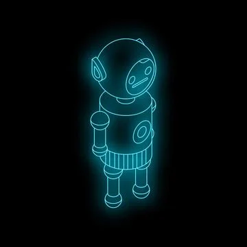 Neon robot standing on black background Stock Illustration