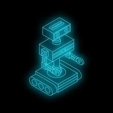 Neon robot standing with glowing blue lines on black background Stock Illustration