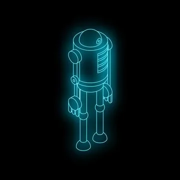 Neon robot standing isometric view glowing blue outline Stock Illustration