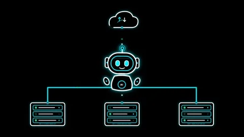 Neon Robot Synchronizing Cloud Storage with Server Racks on Dark Background Video stock 348208642