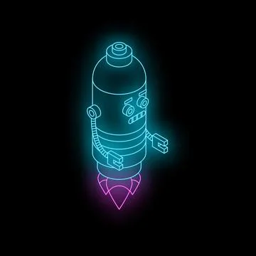 Neon robot taking off with rocket booster isometric illustration Stock Illustration