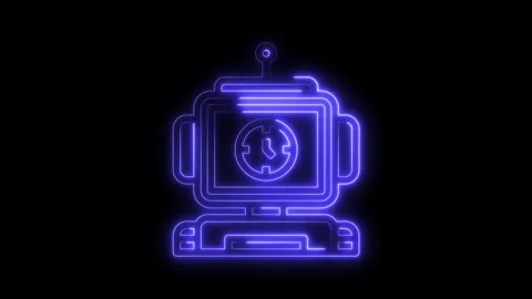 Neon robot time icon with clock animated glowing retro style isolated on black Stock Footage 322973659
