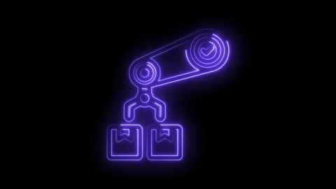 Neon robotic arm picking up boxes automated logistics warehouse automation .. Stock Footage 346009724