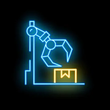 Neon robotic arm picking up parcel from conveyor belt icon Illustrazione stock