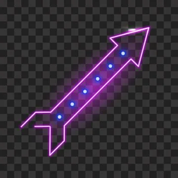 Neon rocket arrow template isolated. Electric purple signpost with soft glow and Stock Illustration