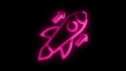 Neon rocket with arrows symbolizing startup launch on black background Stock Footage 308192163
