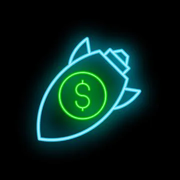 Neon rocket flying with dollar coin inside on black background Stock Illustration