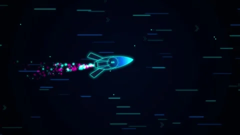 Neon rocket flying through space with 6g speed signal on dark digital motio.. 動画素材 344309534