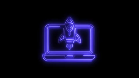 Neon rocket launch from laptop screen animation represents technology start.. Stock Footage 312448434
