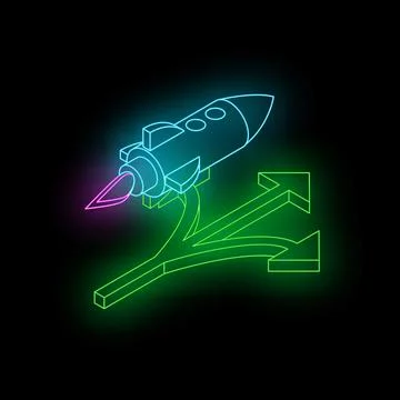 Neon rocket launching choosing its path, business strategy concept Illustrazione stock