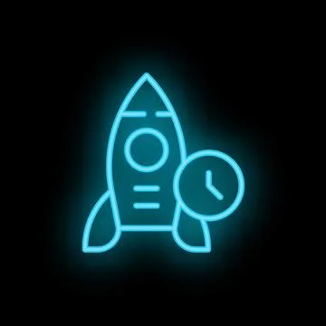 Neon rocket launching with clock showing time limit for business startup Stock Illustration