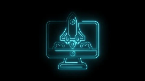 Neon rocket launching on computer screen animated concept startup business Stock Footage 322975467