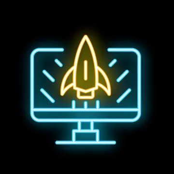 Neon rocket launching from computer screen business startup icon 스톡 일러스트