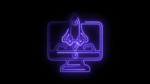 Neon rocket launching from computer screen,startup concept,technology background Stock Footage 322975476