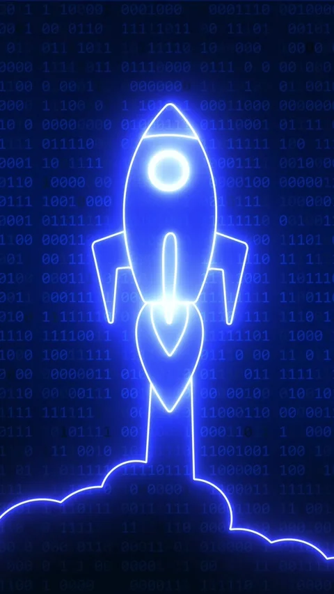 Neon rocket launching into digital binary code space Stock Footage 325077897