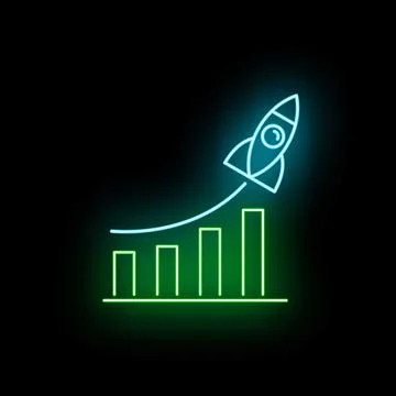 Neon rocket launching from growing bar chart Stock Illustration