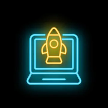 Neon rocket launching from laptop screen startup concept Stock Illustration