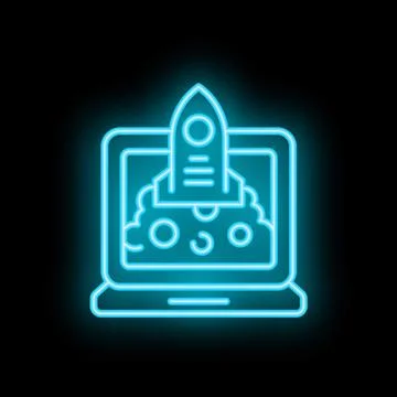 Neon rocket launching from laptop screen on black background Stock Illustration