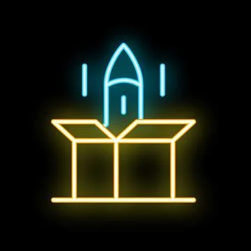 Neon rocket launching from open box on black background Stock Illustration