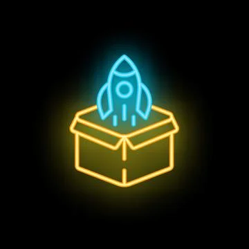 Neon rocket launching from open cardboard box on black background Stockillustratie