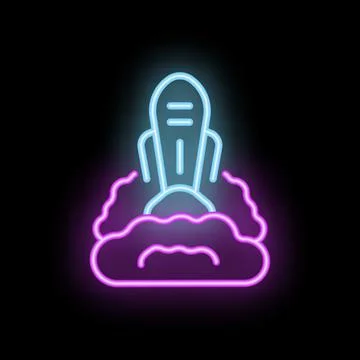 Neon rocket launching from purple cloud on black background Stock Illustration