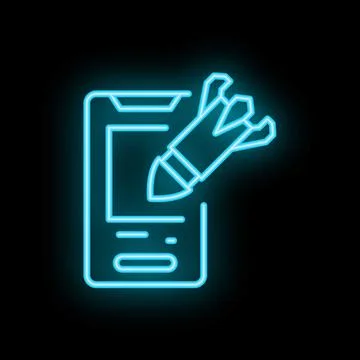 Neon rocket launching from smartphone screen icon on black background Stock Illustration