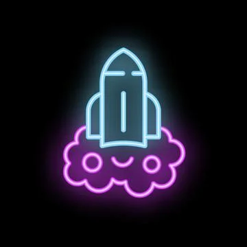 Neon rocket launching from smiling cloud on black background Stock Illustration