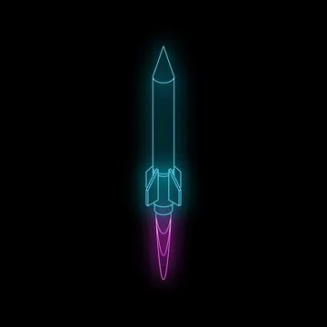 Neon rocket launching into space with blue and pink flames Stock Illustration