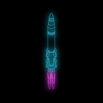 Neon rocket launching into space with purple flames Illustrazione stock