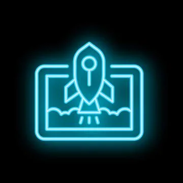 Neon rocket launching from tablet screen symbolising online business startup Stock Illustration