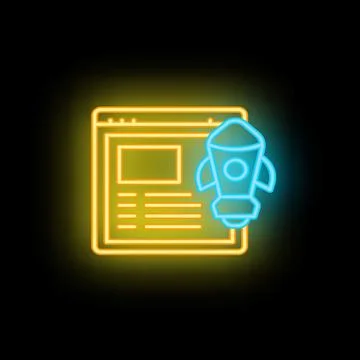 Neon rocket launching from website symbolizing project launch Illustrazione stock