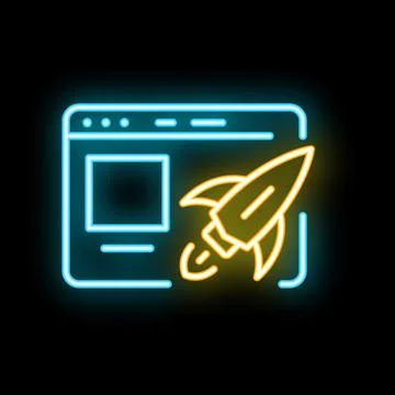 Neon rocket launching from website window on black background Stock Illustration