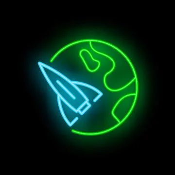 Neon rocket leaving earth orbiting around the sun Stock Illustration