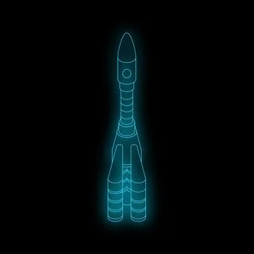 Neon rocket ship taking off from earth on black background Stock Illustration